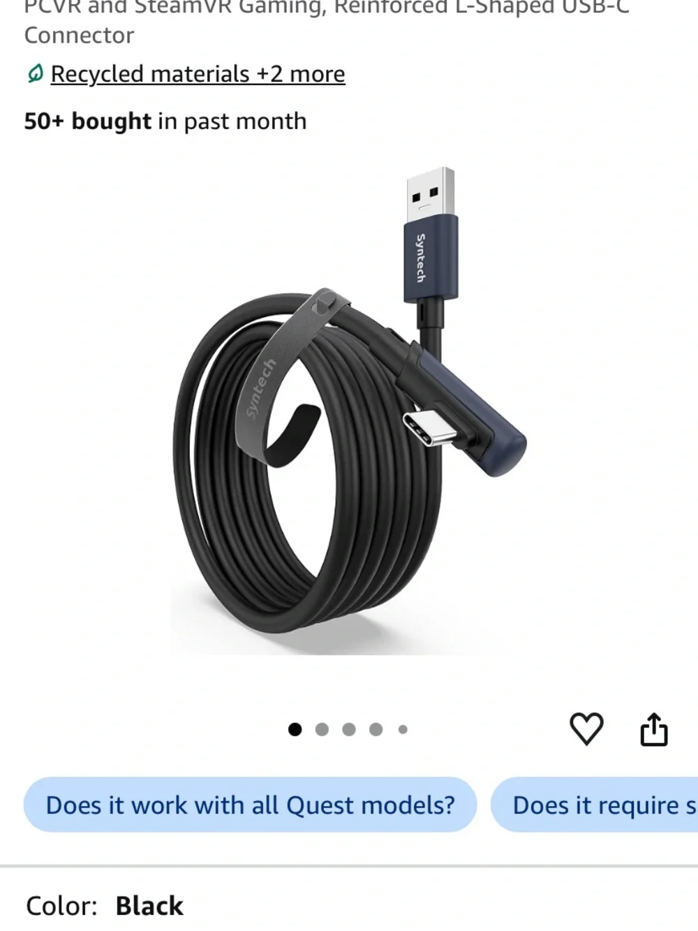 Black USB-A to L-Shaped USB-C Charging & Data Cable